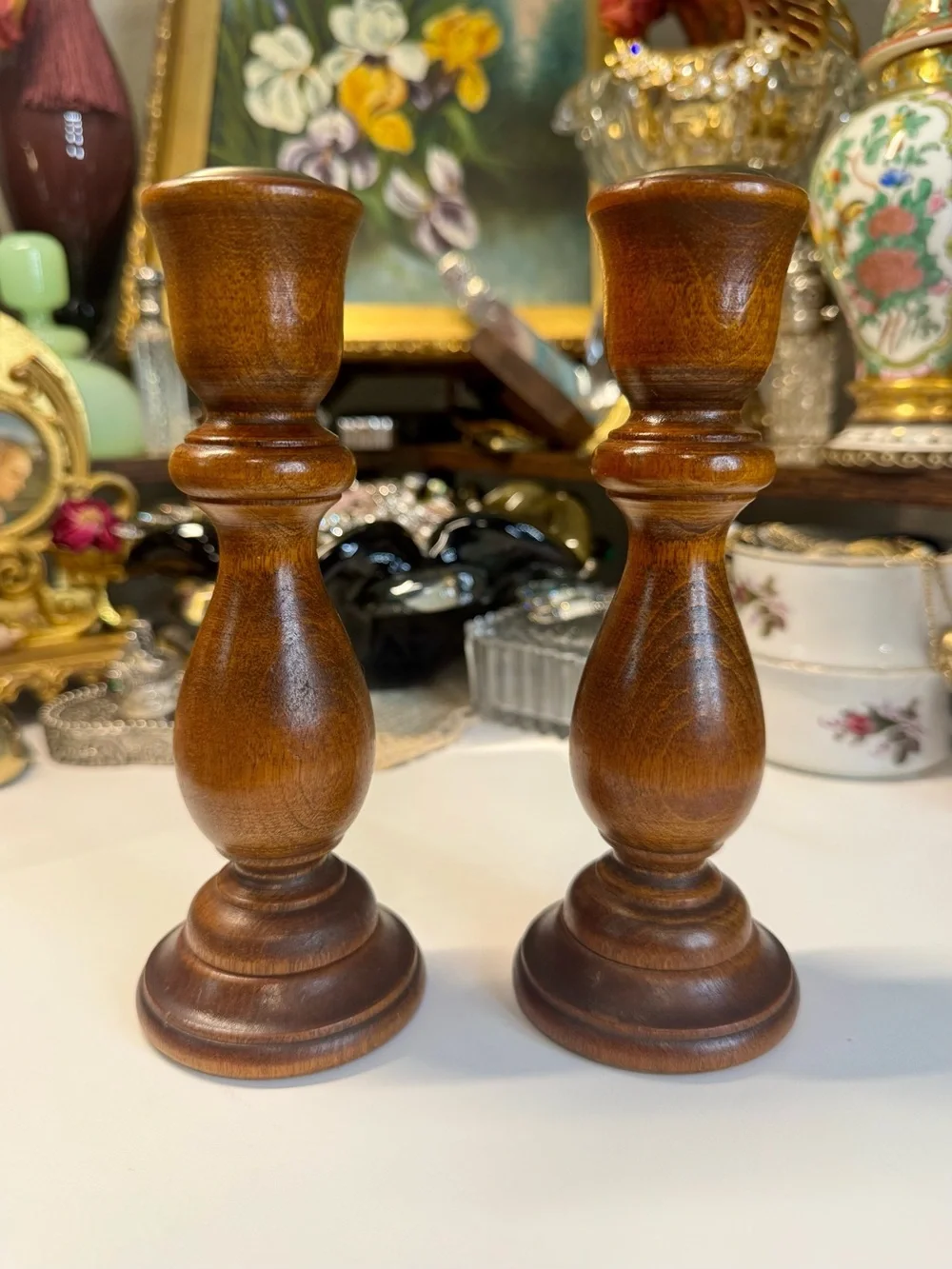 Vintage MCM Hand Turned Wood Taper Candlestick Holders Pair 7” Brass Inserts
